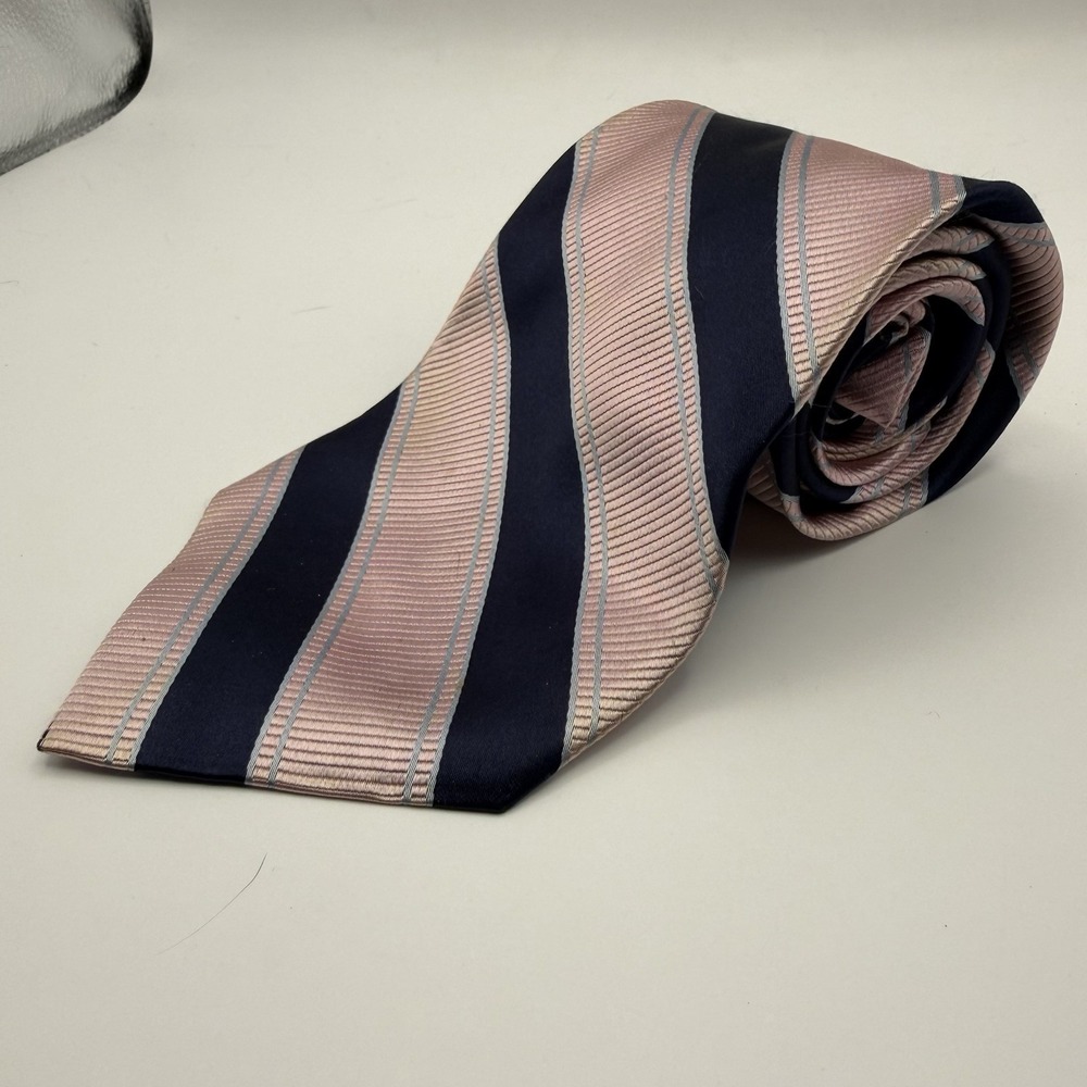 Bruno Pirtelli Pure Silk Tie Pink Navy Blue Striped Business Necktie